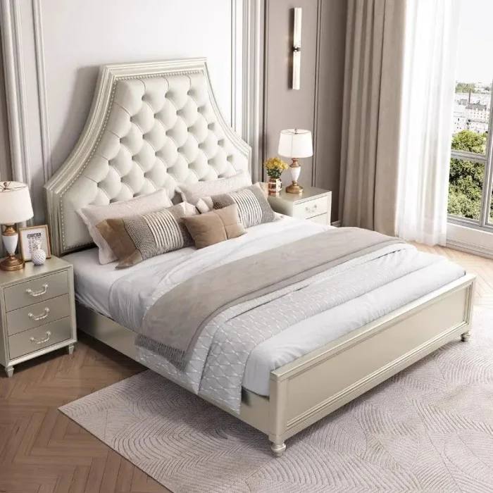 Elegant American-Inspired Wooden Bed with Light Luxury Finishing