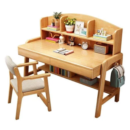 Modern Ergonomic Rubberwood Desk – Eye-Caring Study Table with Generous Bookshelf Storage
