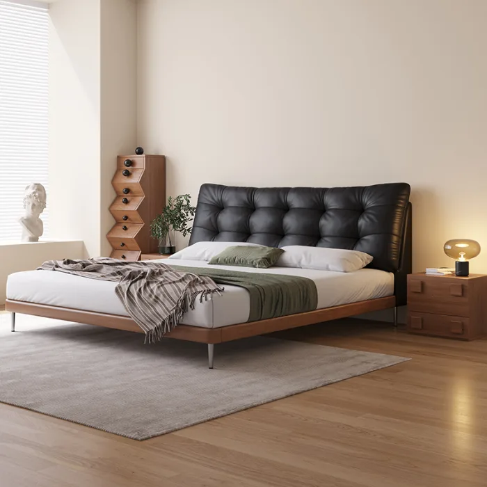 Transform your bedroom into a sanctuary with a sophisticated wood frame bed.