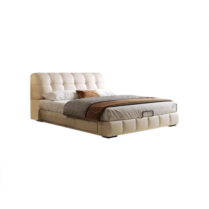Timeless solid wood bed with plush upholstery for superior comfort.