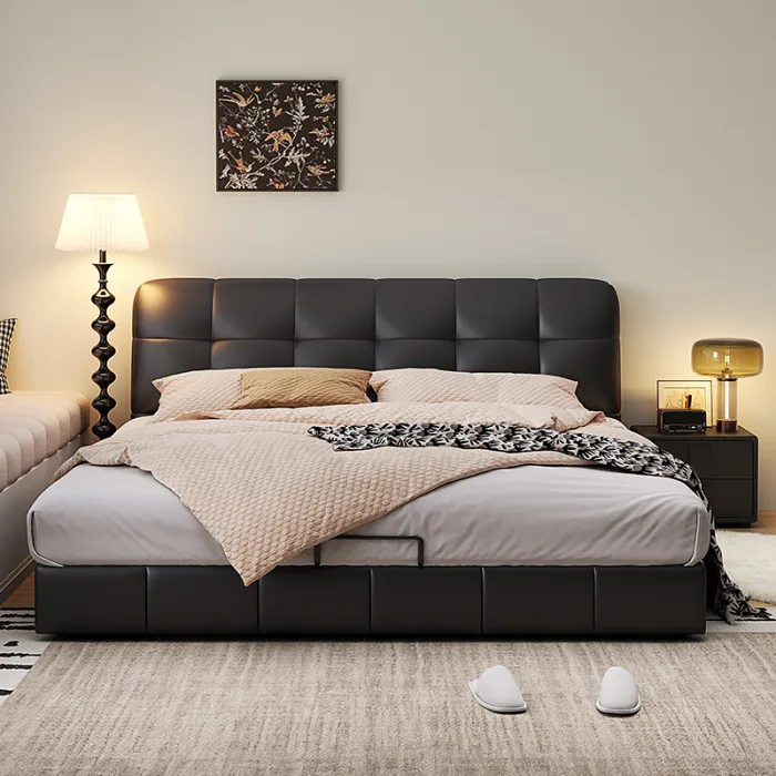 Timeless solid wood bed with plush upholstery for superior comfort.