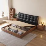 Transform your bedroom into a sanctuary with a sophisticated wood frame bed.