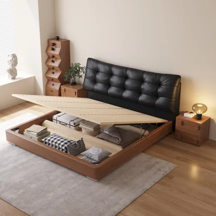 Transform your bedroom into a sanctuary with a sophisticated wood frame bed.