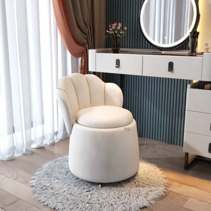 Solid wood vanity stool with plush sponge cushion for added comfort.