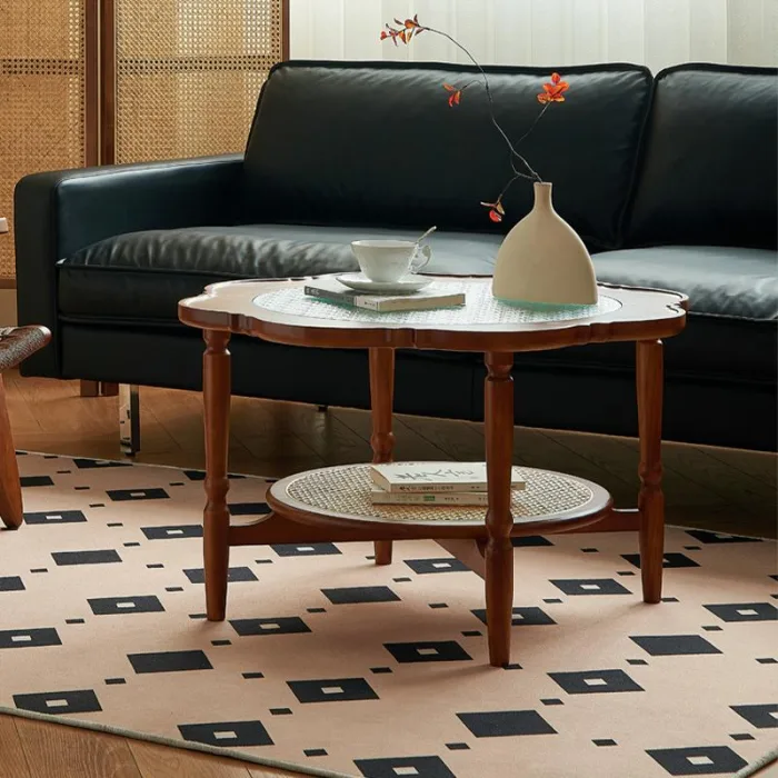 Mid-Century Rubberwood Coffee Table with Glass Top, Solid Wood Construction for Living Room