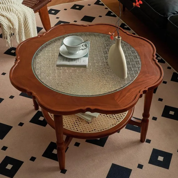 Mid-Century Rubberwood Coffee Table with Glass Top, Solid Wood Construction for Living Room