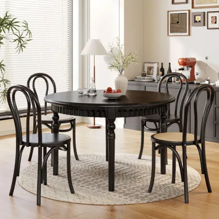 Mid-Century Solid Rubberwood Round Dining Table – Retro Wooden Table for 4-Person Use