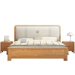 Minimalist Red Oak Bed with Faux Leather Headboard Scandinavian-Inspired Bedroom Piece