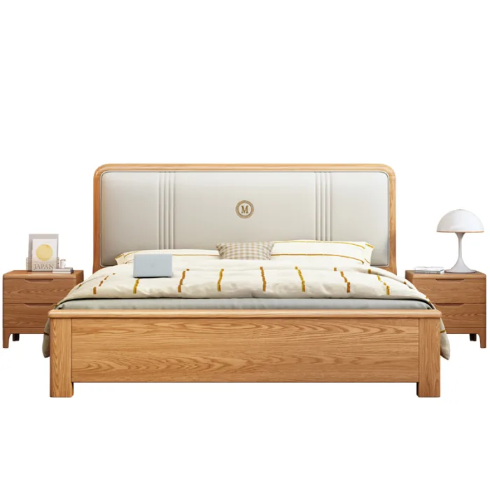 Minimalist Red Oak Bed with Faux Leather Headboard Scandinavian-Inspired Bedroom Piece