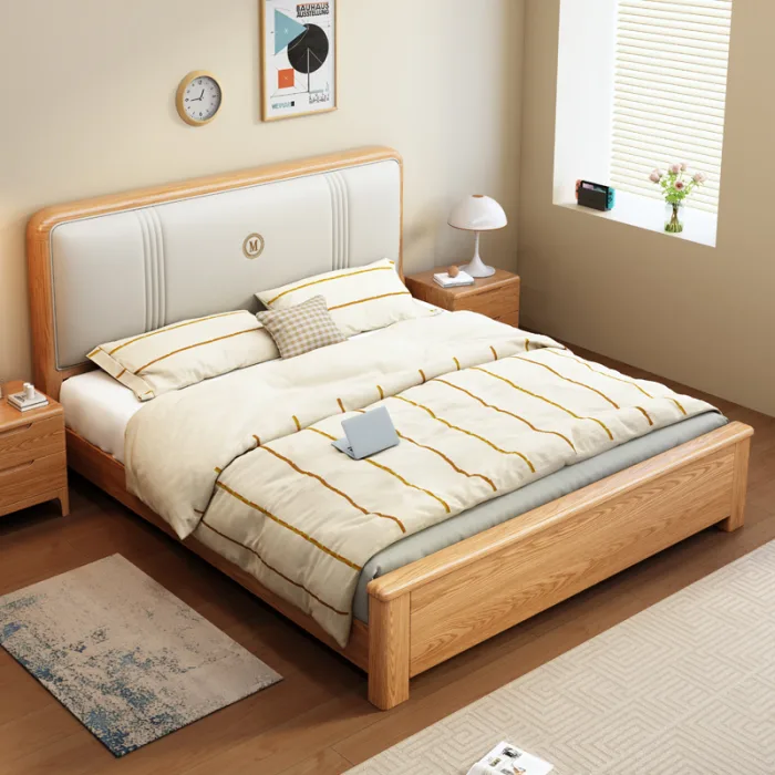 Minimalist Red Oak Bed with Faux Leather Headboard Scandinavian-Inspired Bedroom Piece