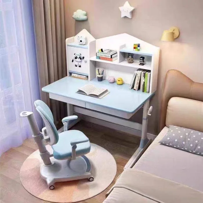 White Solid Wood Adjustable Children's Desk – Versatile Study Station with Integrated Bookshelf