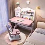White Solid Wood Adjustable Children's Desk – Versatile Study Station with Integrated Bookshelf