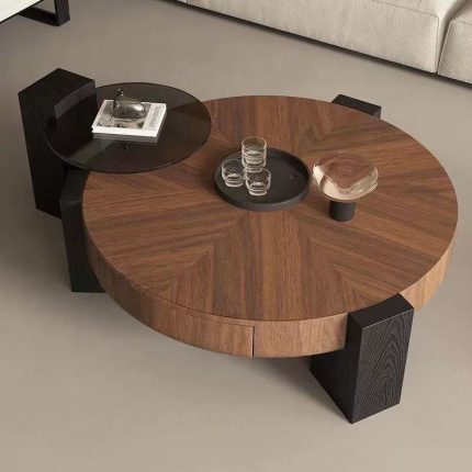 Modern Minimalist Nordic Coffee Table with Wooden Main Top and Glass Side Table for Wholesale