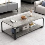 Modern Scandinavian Coffee Table with Rock Plate Surface and Metal Legs