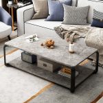 Modern Scandinavian Coffee Table with Rock Plate Surface and Metal Legs