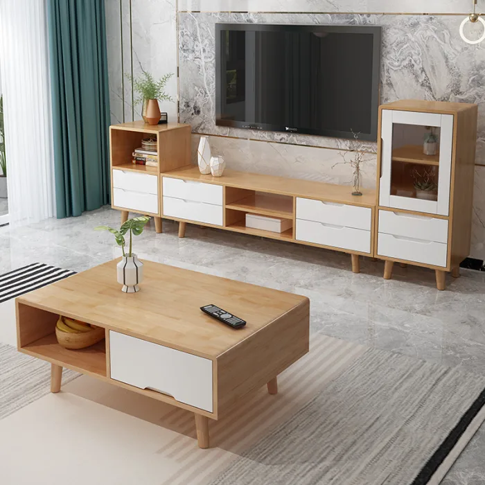 Modern Scandinavian Solid Wood TV Cabinet and Coffee Table Set