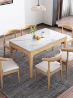 Modern Scandinavian Style Dining Table with Marble Top and Wooden Legs