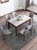 Modern Scandinavian Style Dining Table with Marble Top and Wooden Legs