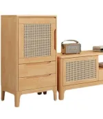 Modern Scandinavian Style Solid Wood Storage Cabinet with Wicker Doors