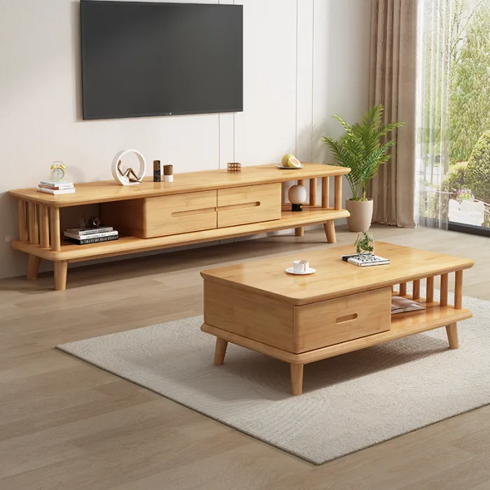 Modern Solid Wood Living Room Furniture Set - Coffee Table, TV Cabinet, and Storage Cabinet