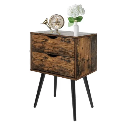 A bedside table with a vintage industrial look.