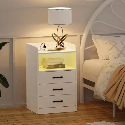 A bedside table with smart storage solutions.