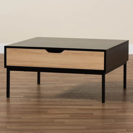 Modern Nordic Coffee Table with Wooden Drawers and Metal Frame