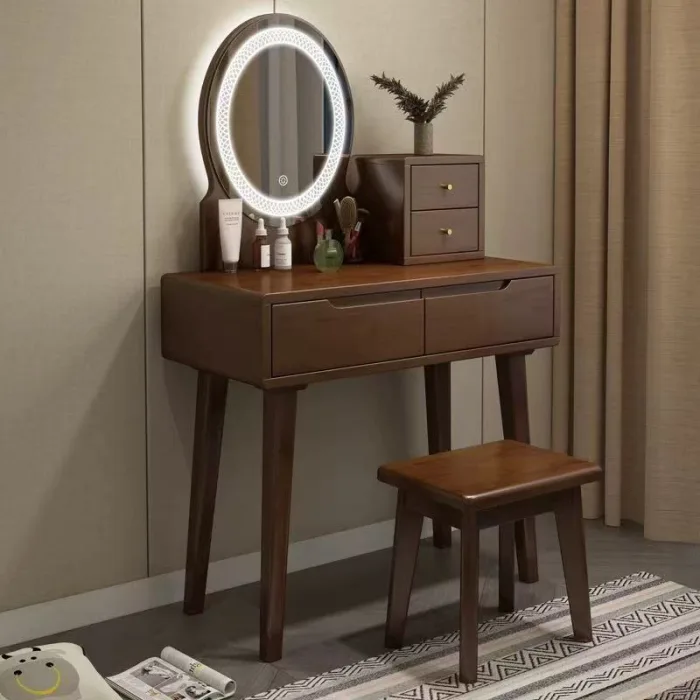Scandinavian Vanity Table - Space-Saving Solid Wood Dressing Station with Mirror