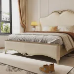 Opulent French-Inspired Wooden Bed with Light LuxuThis opulent French-style wooden bed combines light luxury with exceptional durability. Crafted from the finest wood, it features elegant detailing and is built to last. ry and Durability