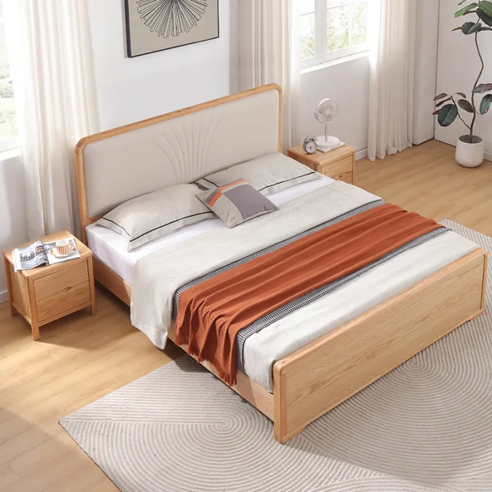 Premium Red Oak Bed with Faux Leather Headboard Modern Minimalist Design for Bedrooms