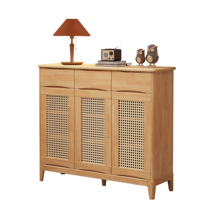 Product Description All-Solid-Wood Three-Door Shoe Cabinet with Rattan Design