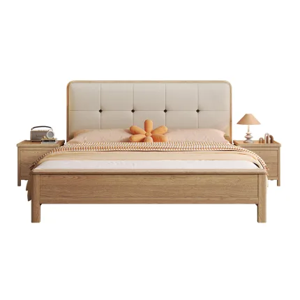 Red Oak Modern Bed with Faux Leather Headboard Luxury Meets Minimalism