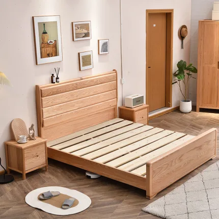 Red Oak Scandinavian Bedroom Bed Minimalist QueenKing Size Bed B2B Wholesale