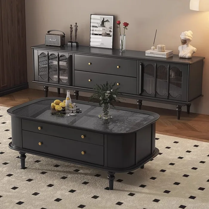 Rubberwood Coffee Table with Glass Surface and Solid Wood Frame, Mid-Century Modern Design