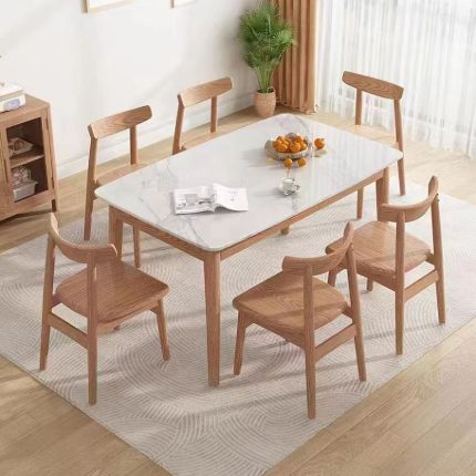 Scandinavian-Inspired Ash Wood and Stone Dining Table for Elegant Interiors