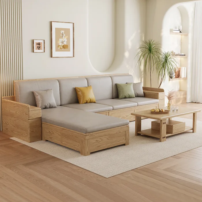 Solid Red Oak Corner Sofa with Built-In Drawers – Scandinavian Minimalist Design