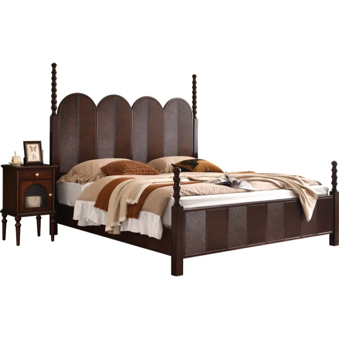 Solid Rubberwood Vintage Double Bed for Bedroom – Timeless Elegance