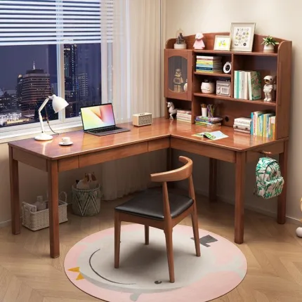 L-Shaped Corner Desk - Solid Wood Home Office Solution with Bookshelves