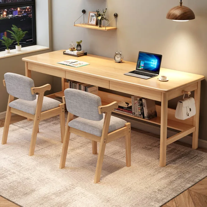 Dual-Workstation Solid Wood Desk - Compact Shared Study Table for Small Spaces