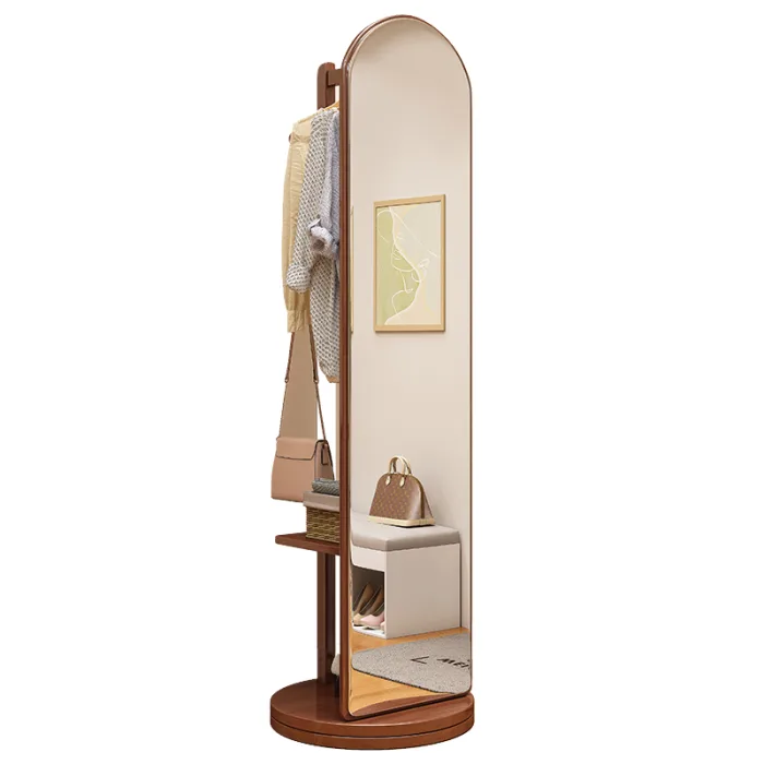 Rotating Dressing Mirror with Garment Rack - Mobile Solid Wood Wardrobe Solution