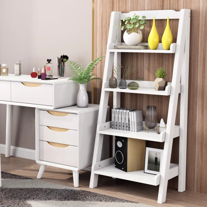 Nordic Ladder Bookcase - Whitewashed Solid Wood Multi-Level Display Shelf