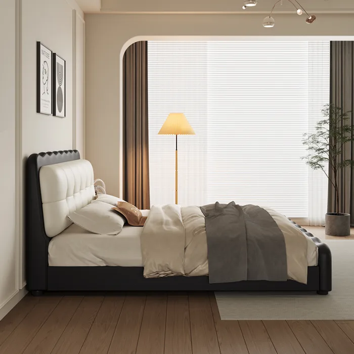 Discover unmatched support and style with our solid wood upholstered bed.