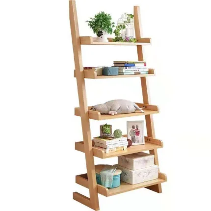 Distressed Wood Bookcase - 4-Tier Foldable Ladder Shelf with Vintage Charm