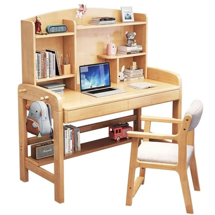 Solid Wood Study Desk with Integrated Bookshelf - All-in-One Home Office Solution​