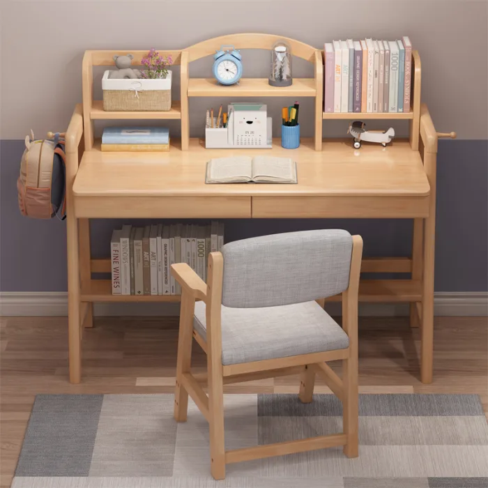Solid Wood Study Desk Set – Adjustable with Integrated Bookshelf​