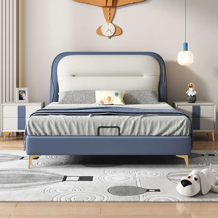 This Scandinavian-inspired upholstered bed for children combines soft fabric with a sturdy frame, providing both comfort and durability.