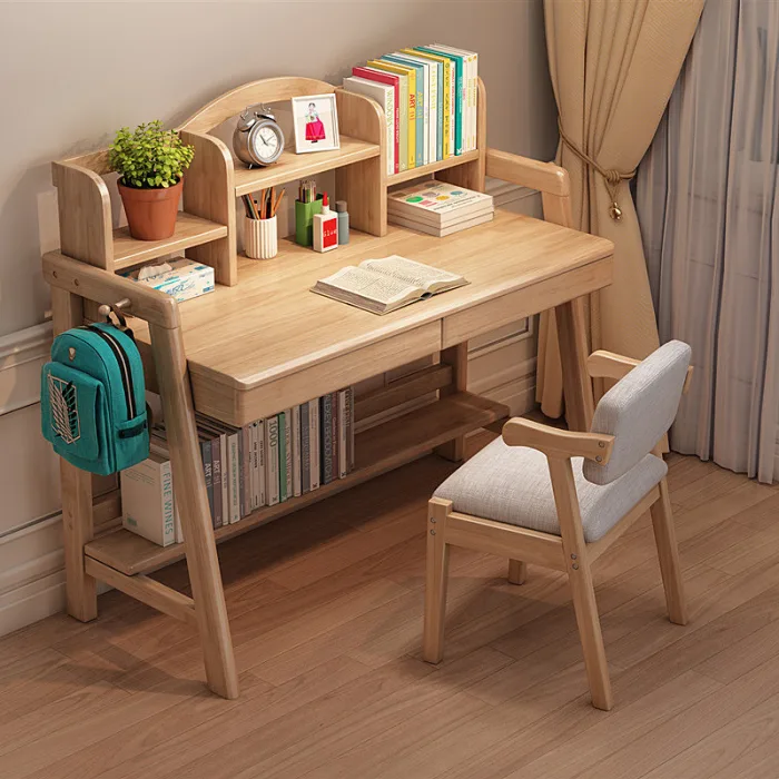 Solid Wood Study Desk Set – Adjustable with Integrated Bookshelf​