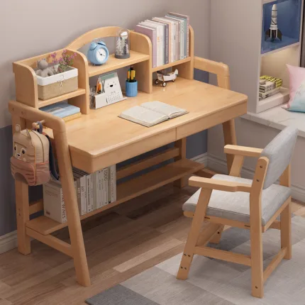 Solid Wood Study Desk Set – Adjustable with Integrated Bookshelf​