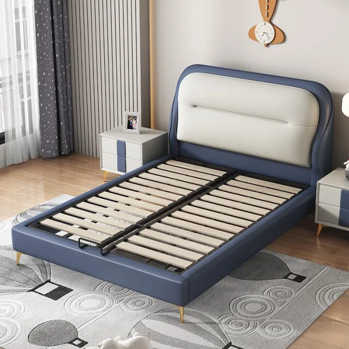 This Scandinavian-inspired upholstered bed for children combines soft fabric with a sturdy frame, providing both comfort and durability.