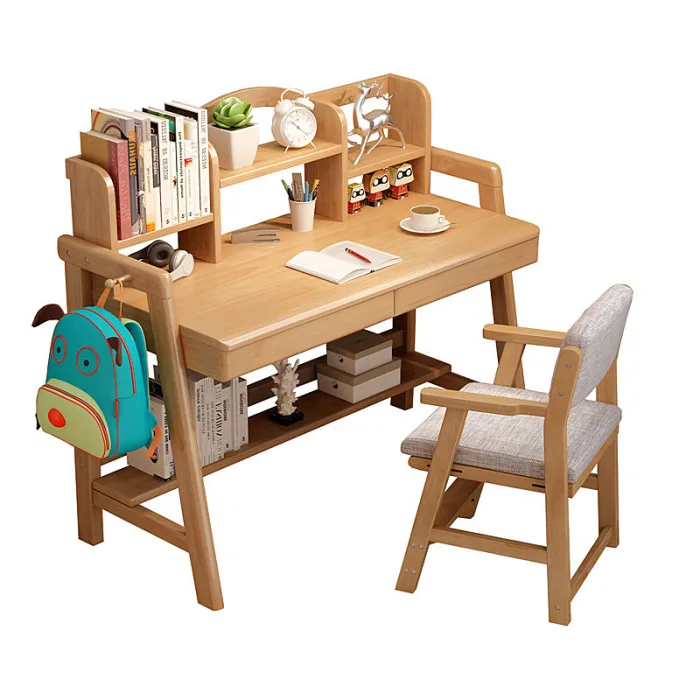Solid Wood Study Desk Set – Adjustable with Integrated Bookshelf​